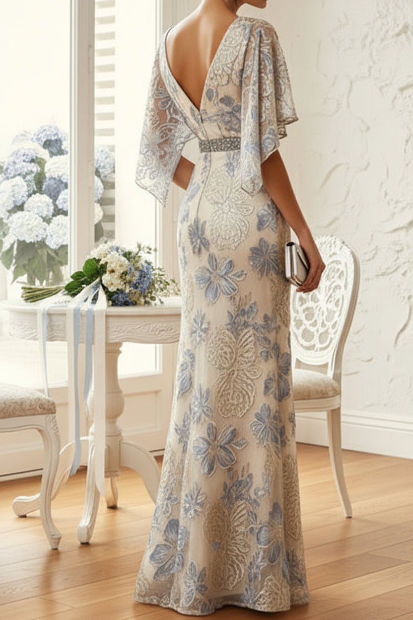 Floral Jacquard V-Neck Flutter Sleeve Evening Gown