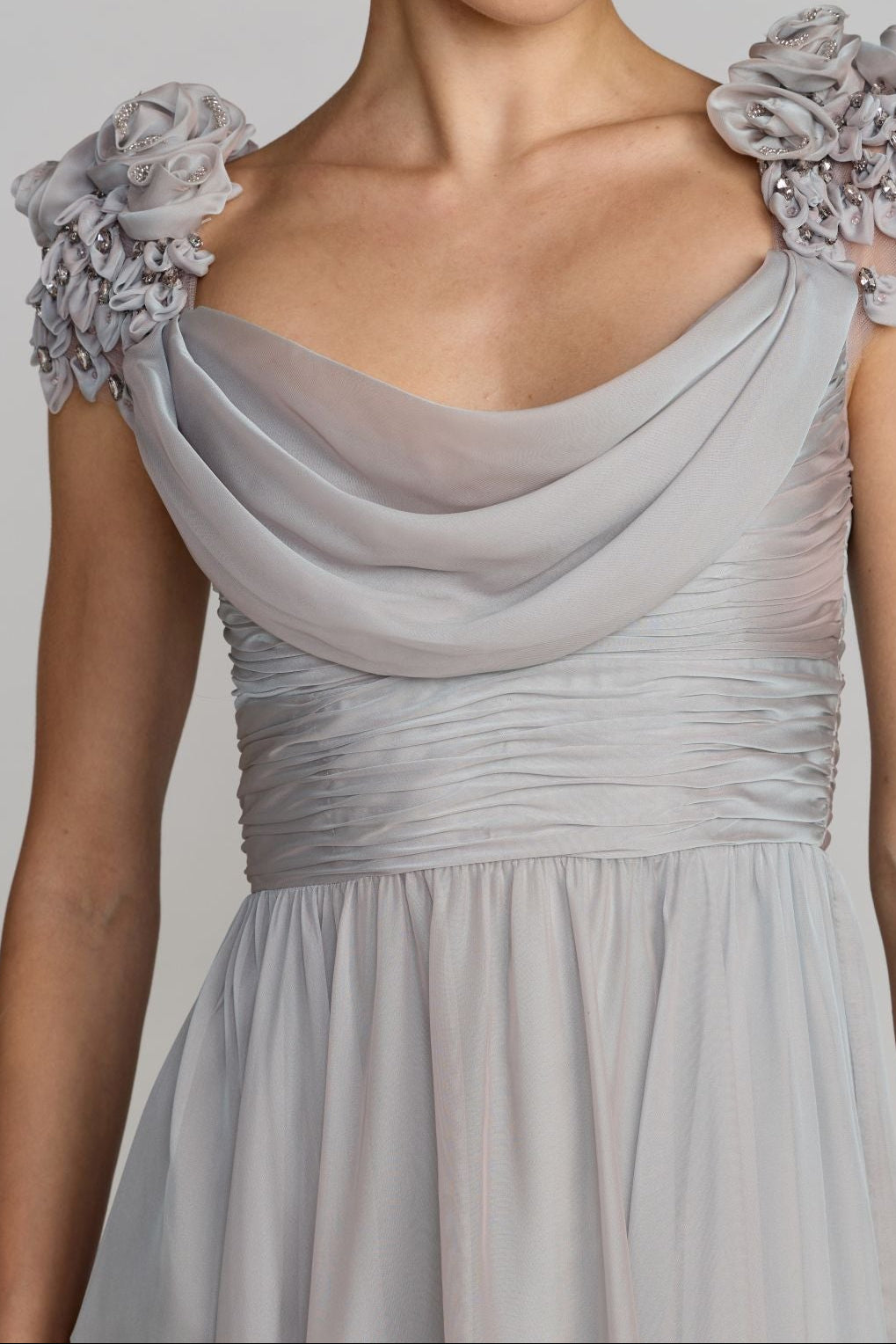 Cowl Neck Chiffon Empire Gown with 3D Floral Shoulders