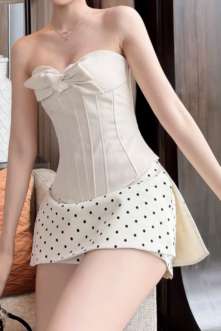 Strapless Bow Corset Top & Polka Dot Mini Skirt Set