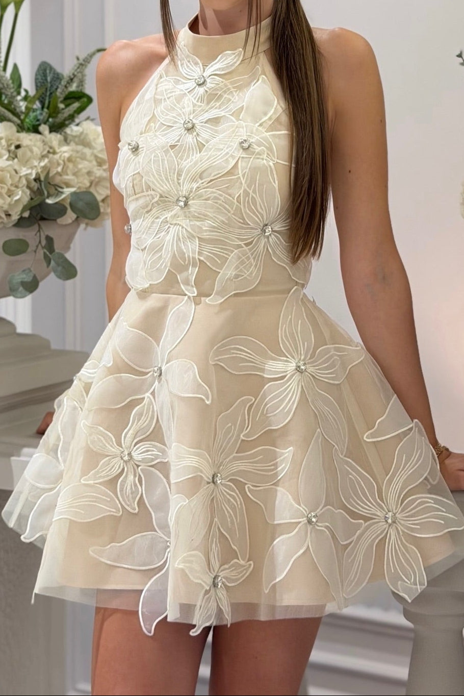 Floral Applique Rhinestone Halter Mini Dress
