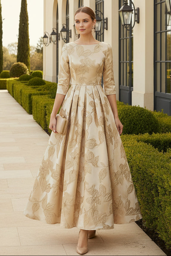 Floral Metallic Jacquard A-Line Dress with 3/4 Sleeves