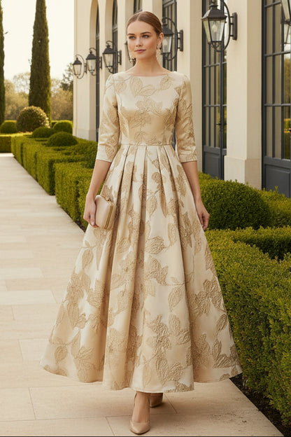 Floral Metallic Jacquard A-Line Dress with 3/4 Sleeves