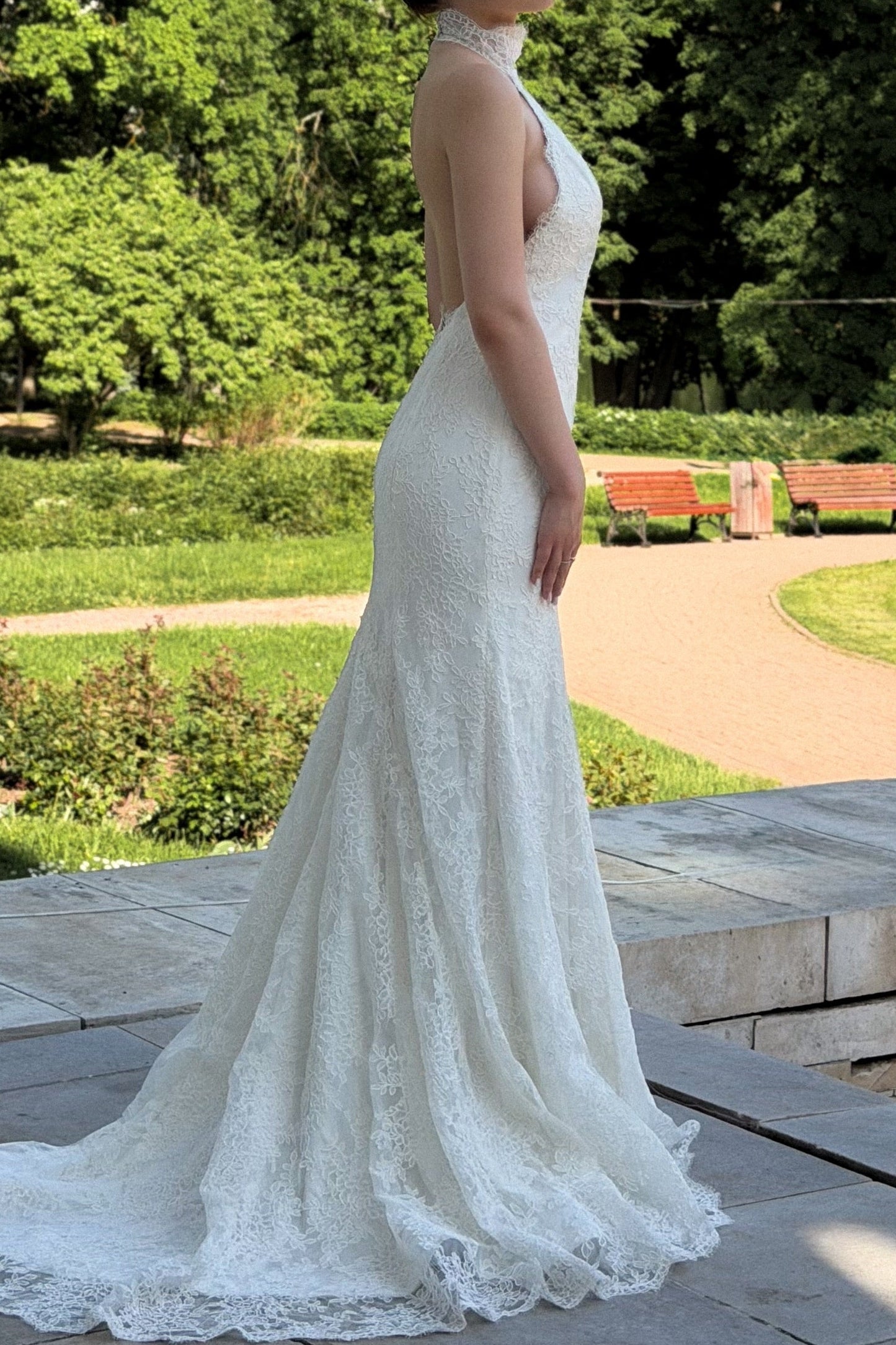 Halter High Neck Lace Backless Mermaid Wedding Dress
