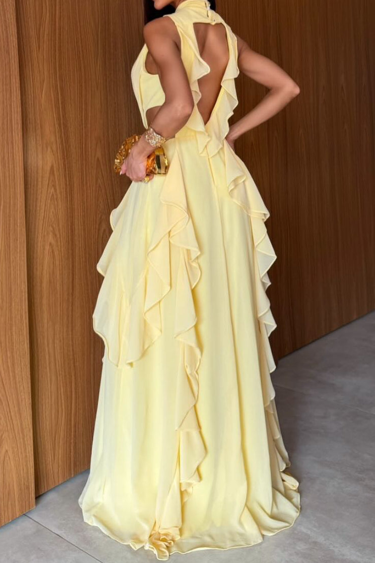 Sleeveless Ruffled High Neck Gown with Cut-Outs