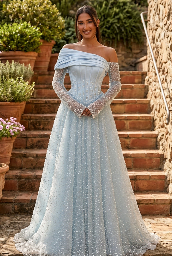Corset Evening Gown with Beaded Sleeves