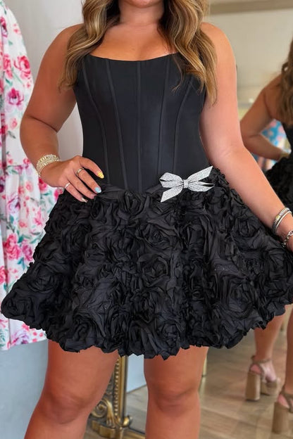 Strapless Corset Mini Dress with Rosette Skirt