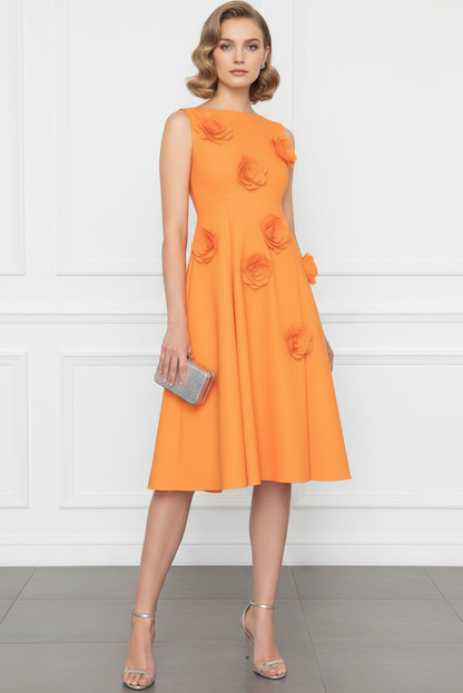Sleeveless A-Line Midi Dress with 3D Floral Appliques