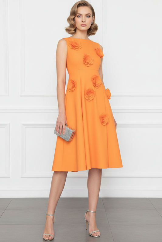 Sleeveless A-Line Midi Dress with 3D Floral Appliques