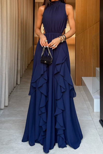 Sleeveless Ruffled High Neck Gown with Cut-Outs