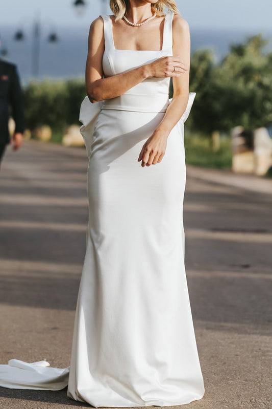 Square Neck Satin Wedding Dress with Statement Back Bow