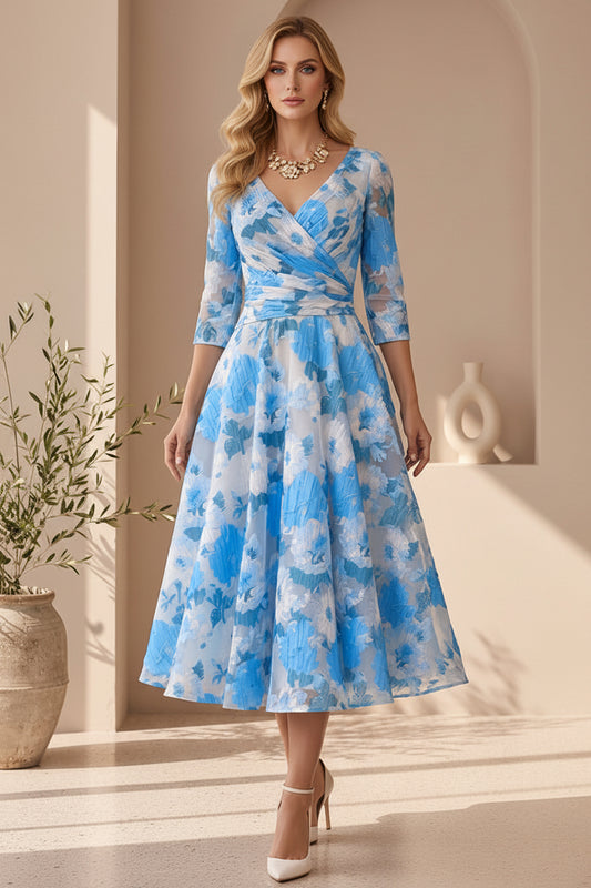 Surplice Floral Organza Tea-Length Dress
