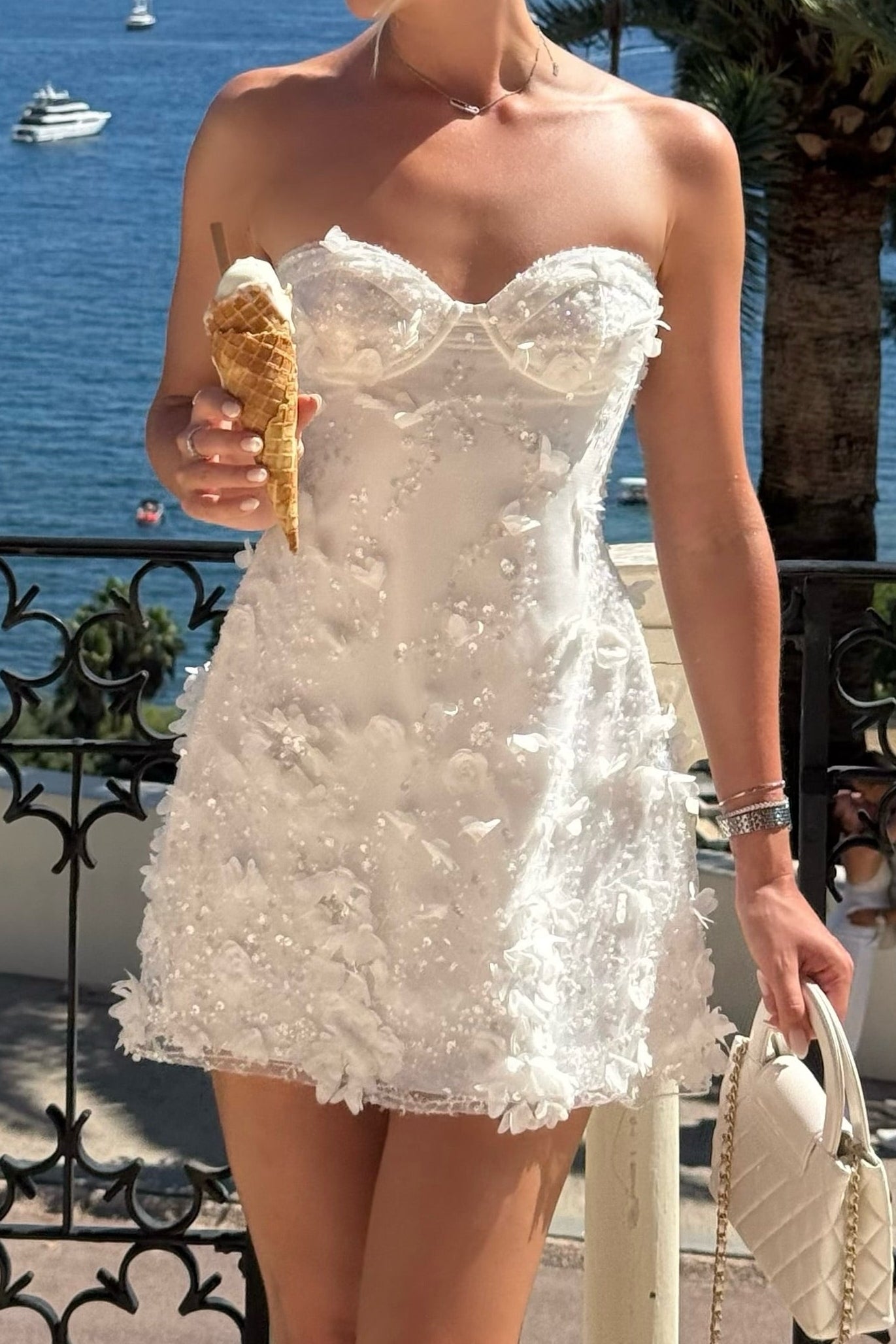 Strapless 3D Floral Applique Mini Dress