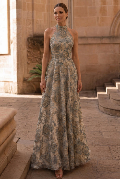 Halter High-Neck Embroidered A-Line Evening Gown