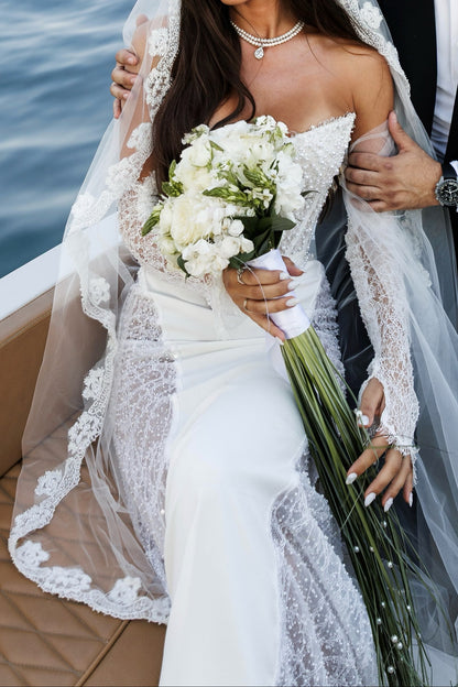 Strapless Lace Mermaid Wedding Dress with Veil