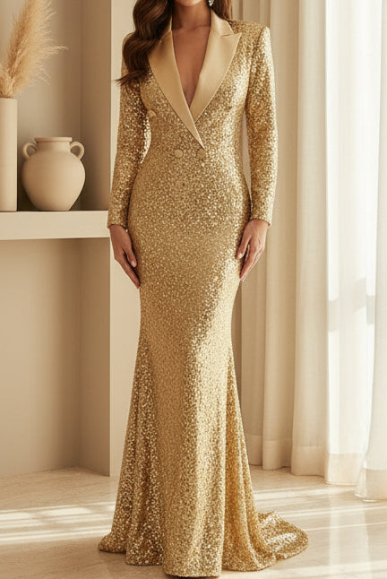 Sequin Blazer Style Long Sleeve Mermaid Evening Gown