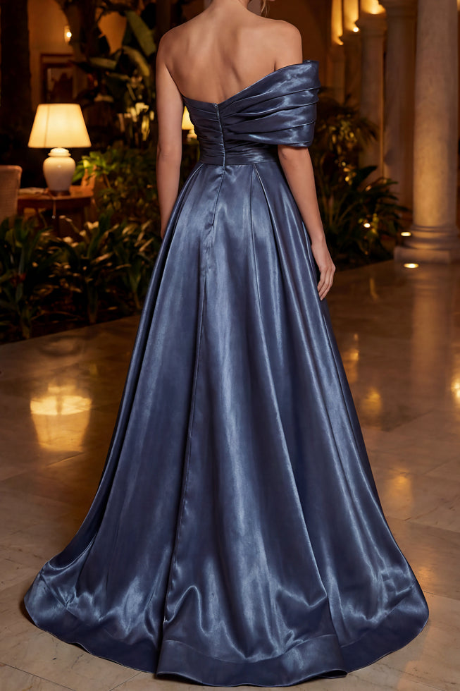 Asymmetric Pleated Satin A-Line Evening Gown
