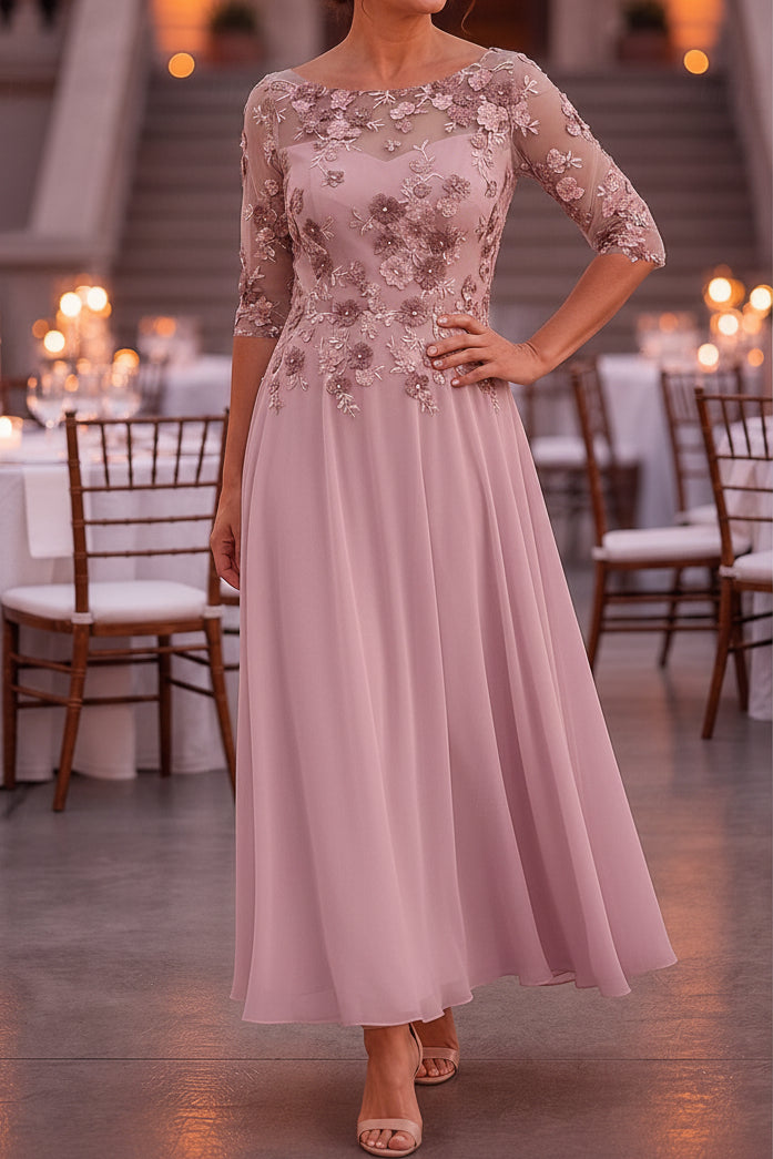 Floral Applique Illusion 3/4 Sleeve Tea-Length Dress