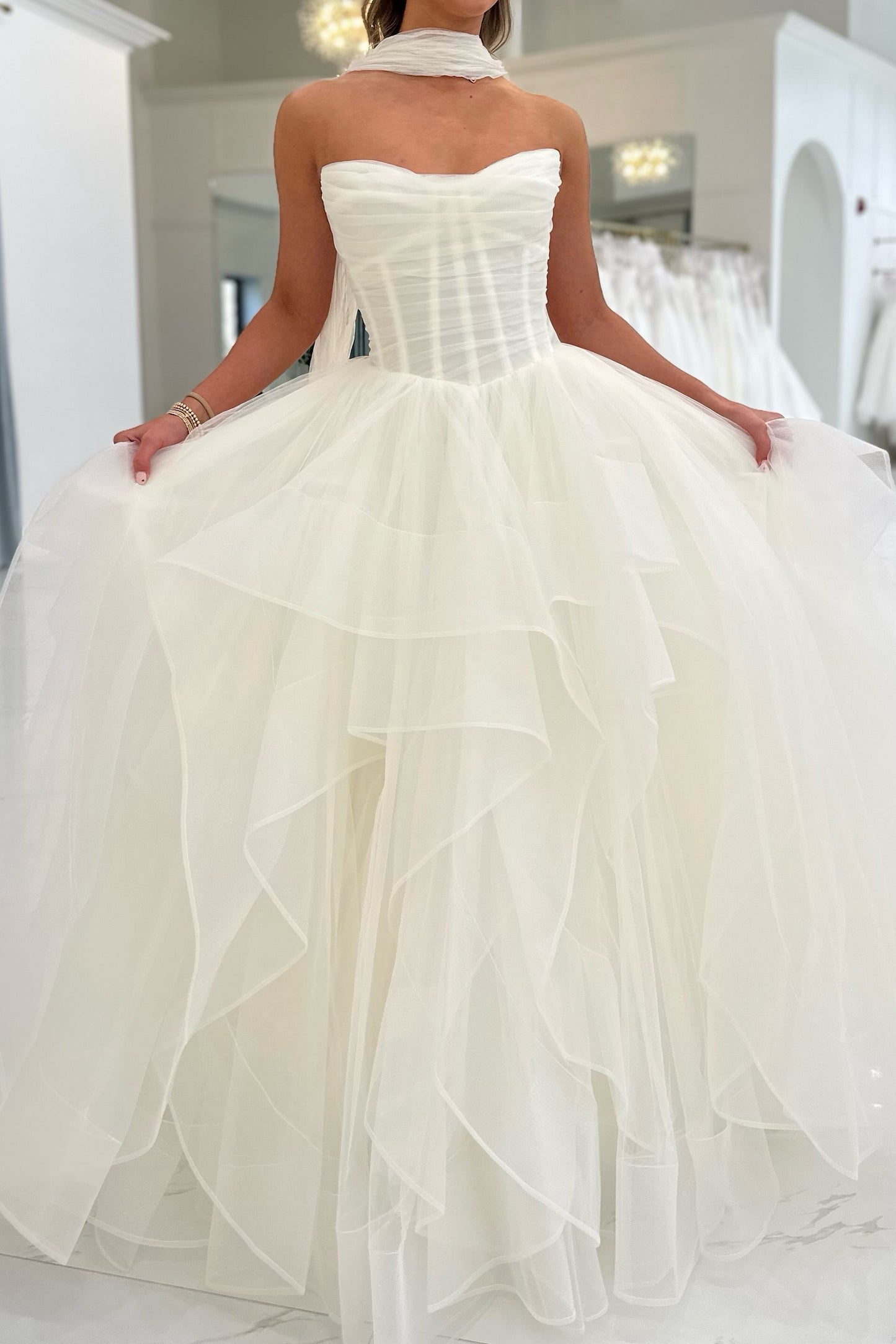Strapless Tiered Tulle Corset Ball Gown Wedding Dress