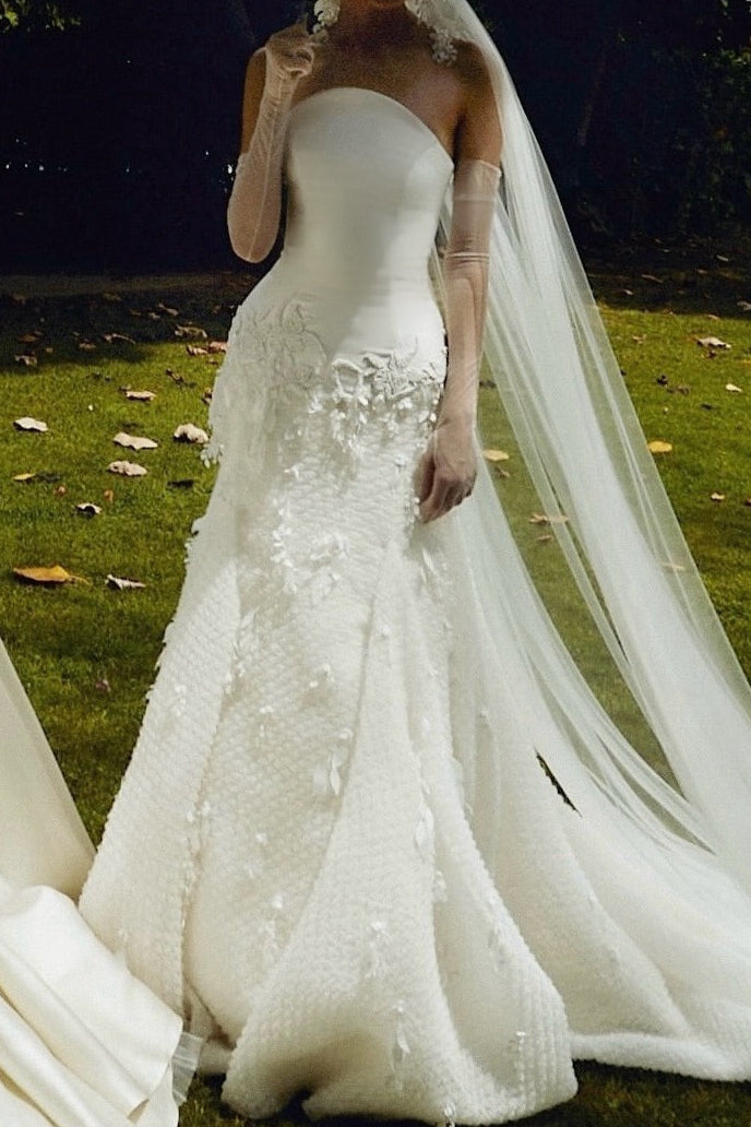 Strapless Satin and 3D Floral Trumpet Wedding Dress
