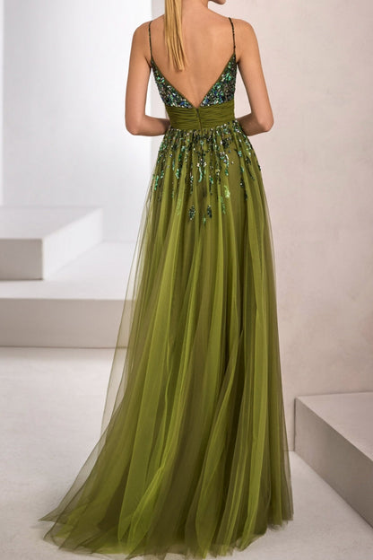 Sequined Tulle A-Line Gown with Ruched Waistband