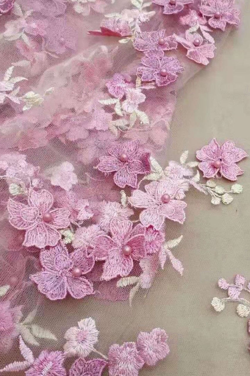 Floral Applique Illusion 3/4 Sleeve Tea-Length Dress