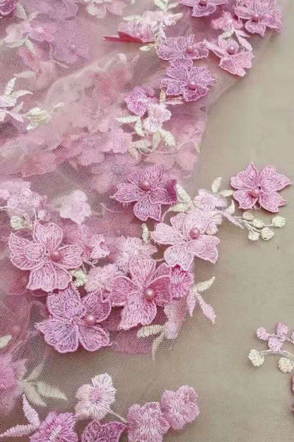 Floral Applique Illusion 3/4 Sleeve Tea-Length Dress