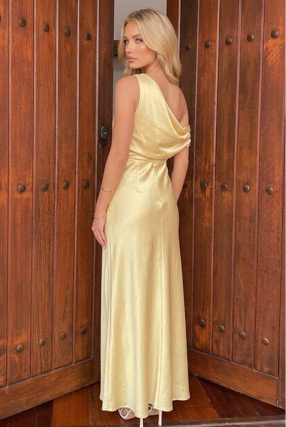 One-Shoulder Satin Maxi Dress with Draped Bodice