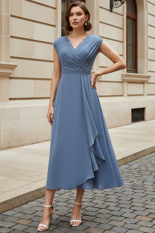 V-Neck Pleated Chiffon Midi Dress with Ruffle