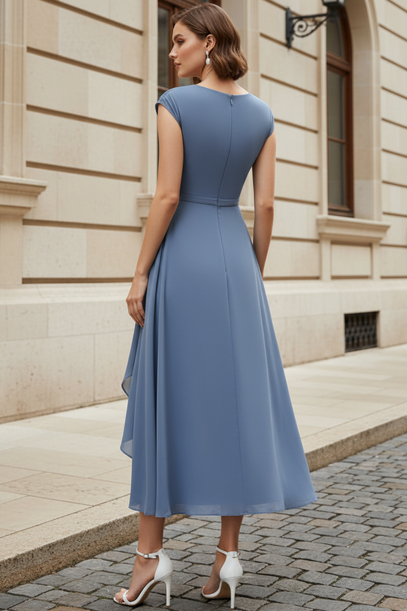 V-Neck Pleated Chiffon Midi Dress with Ruffle