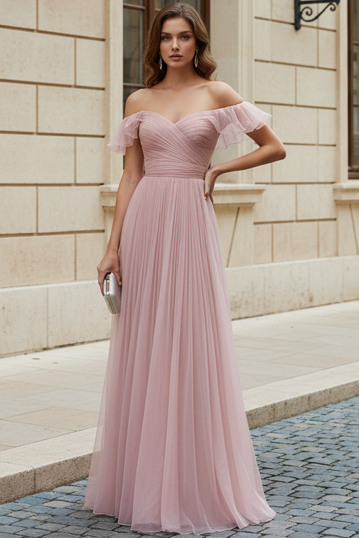 Off-the-Shoulder Pleated Tulle A-Line Evening Gown