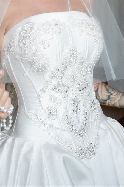 Strapless Beaded Corset Satin Ball Gown Wedding Dress