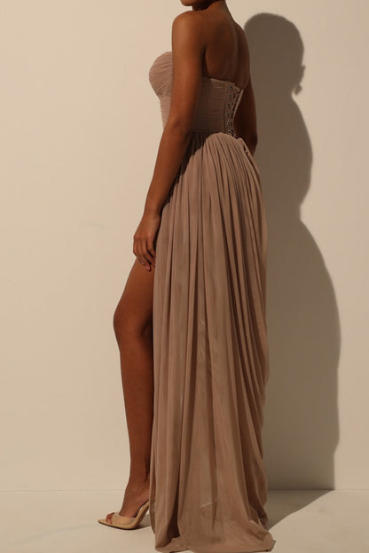 Strapless Ruched Mesh Maxi Dress with High Slit