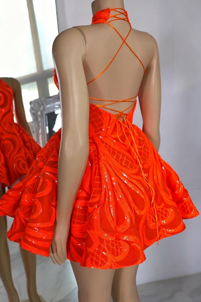 Sequined Halter Open Back Flared Mini Dress