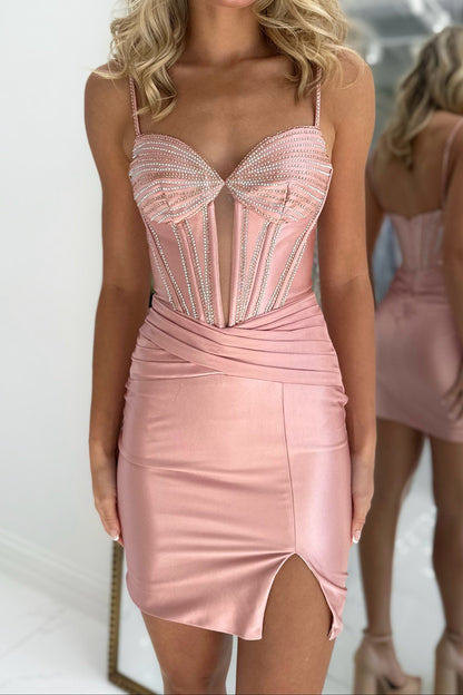 Beaded Corset Mini Dress with Front Slit