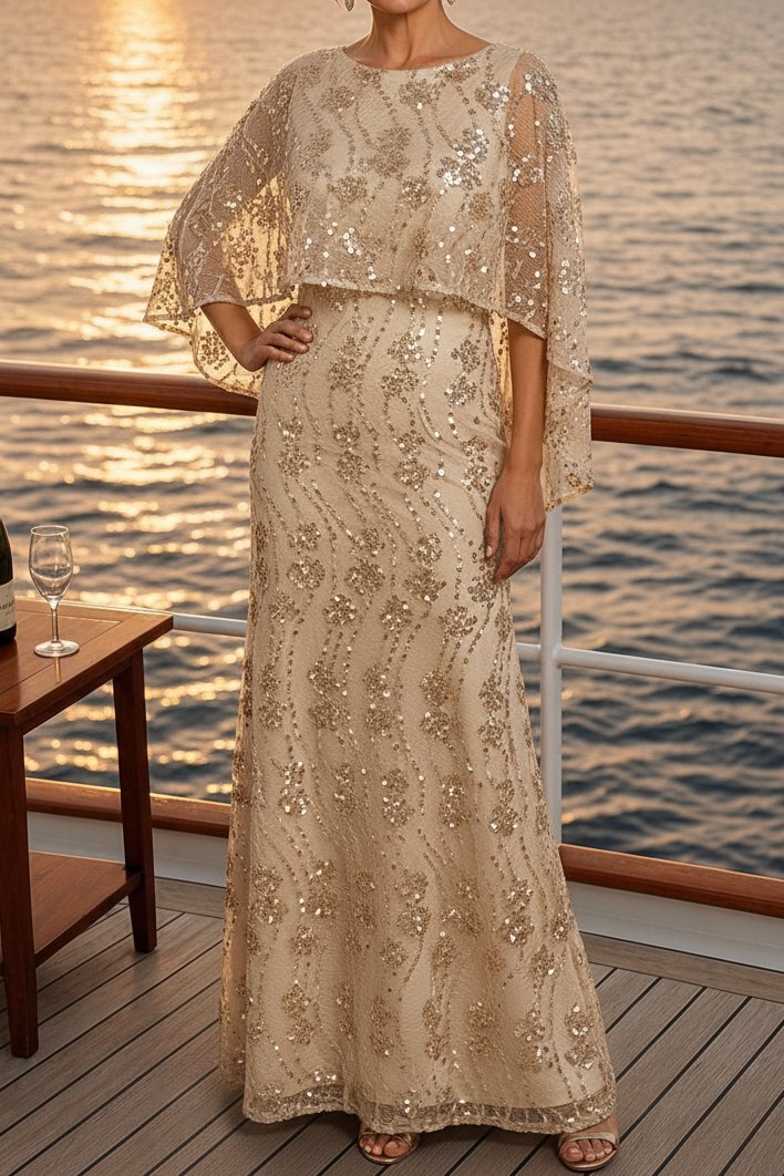 Sequined Capelet Floor-Length Formal Dress