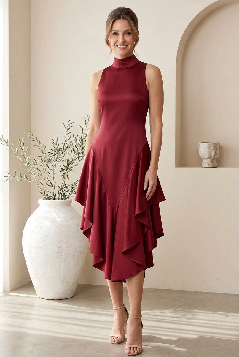 High-Neck Sleeveless Tiered Ruffle Midi Dress