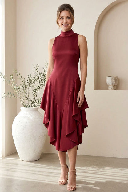 High-Neck Sleeveless Tiered Ruffle Midi Dress