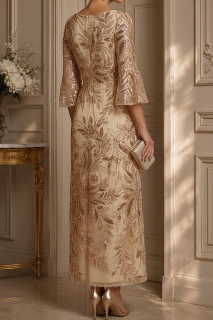 Floral Sequin V-Neck Dress with Bell Sleeves