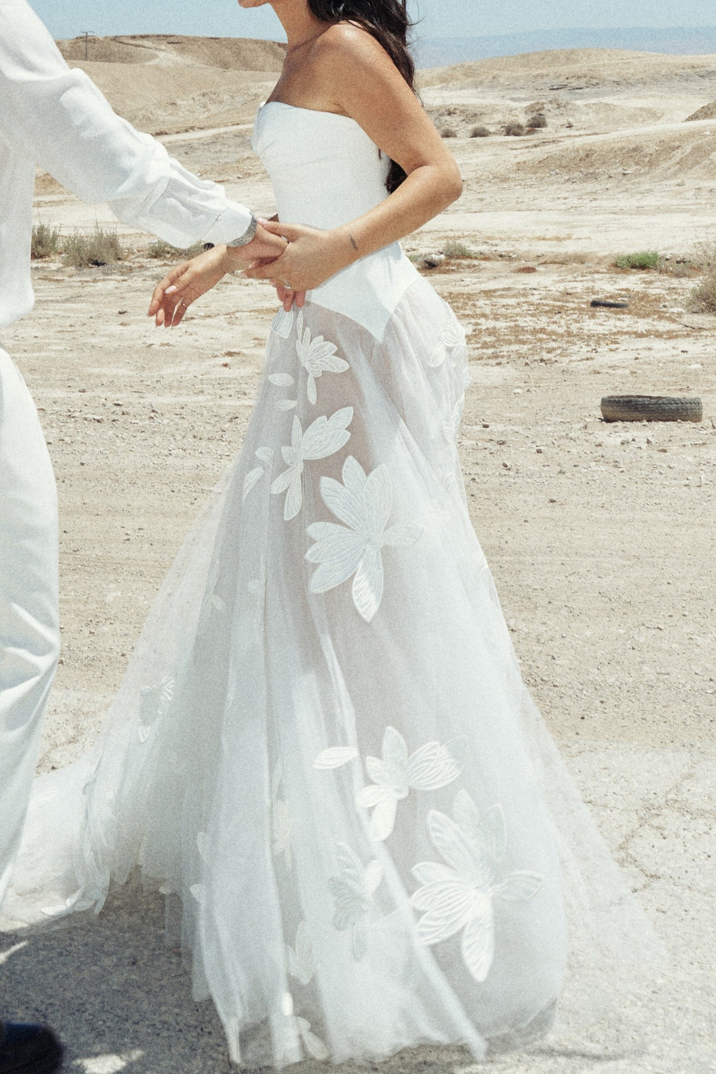 Strapless Sheer Tulle Bridal Gown with Floral Appliques