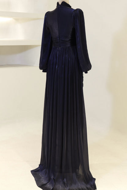 Long-Sleeve High-Neck Evening Gown with Floral Beaded Skirt