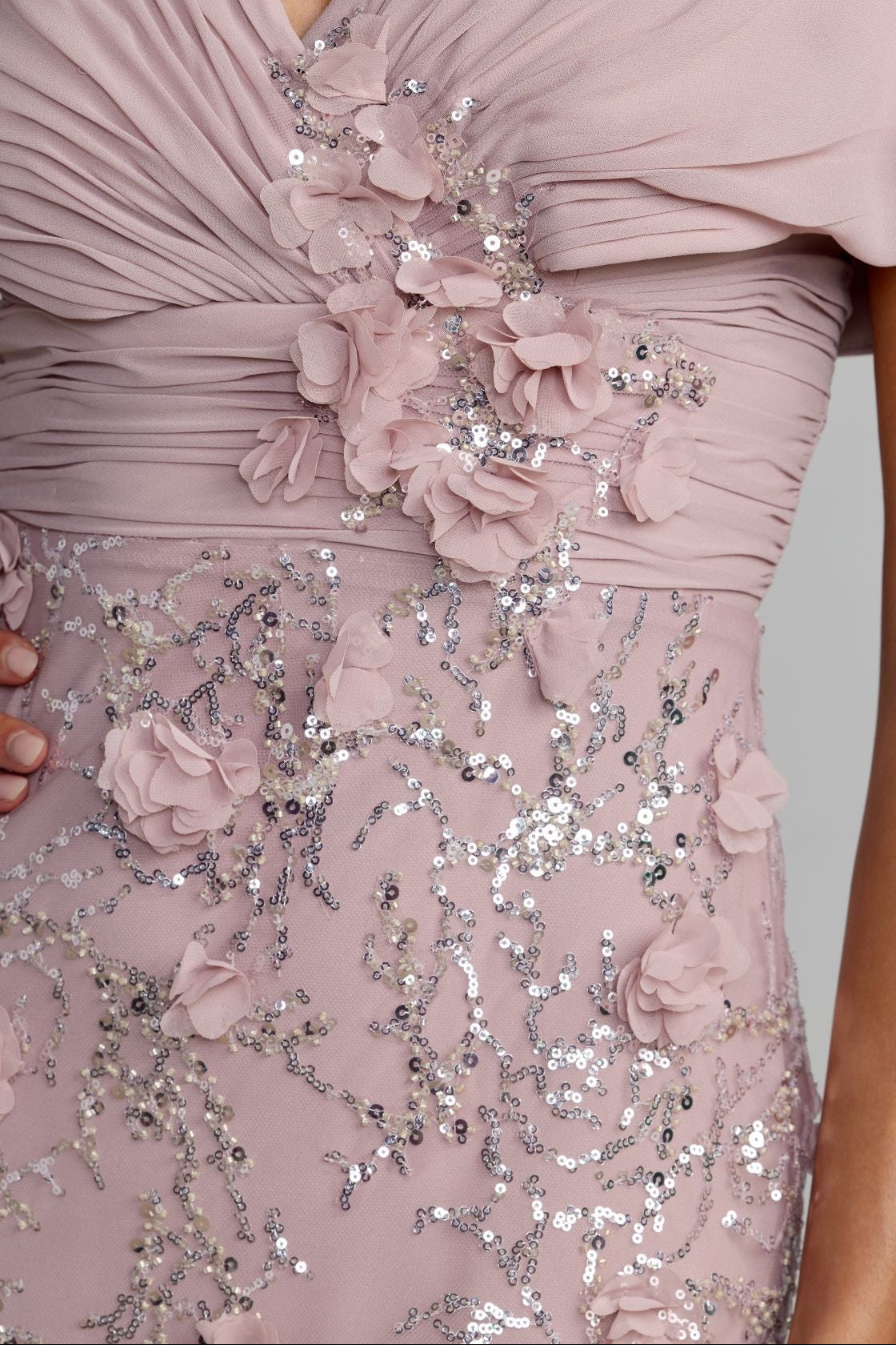 V-Neck Cape Sleeve Evening Gown with 3D Florals