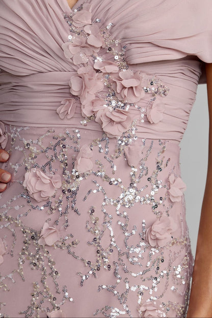 V-Neck Cape Sleeve Evening Gown with 3D Florals