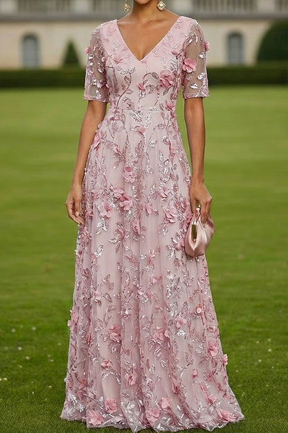 A-Line V-Neck Short Sleeve Floral Evening Dress