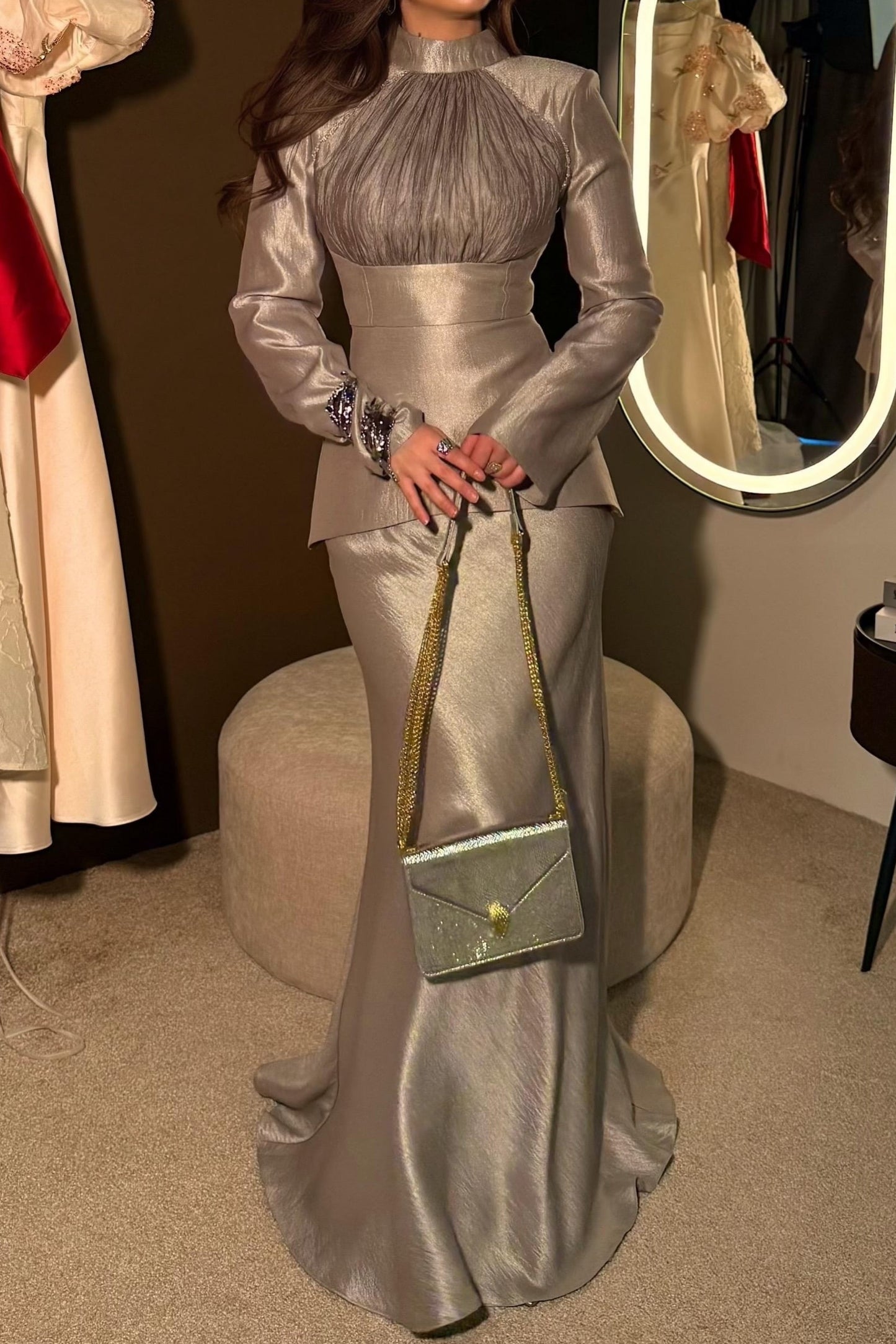High Neck Metallic Long Sleeve Peplum Evening Gown