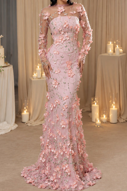 3D Floral Sheer Long Sleeve Floor-Length Gown