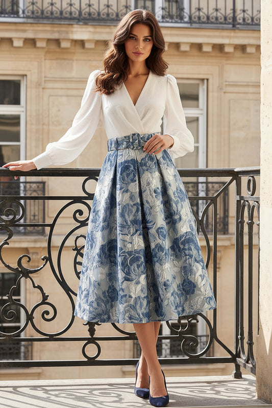 V-Neck Long Sleeve Midi Jacquard A-Line Dress