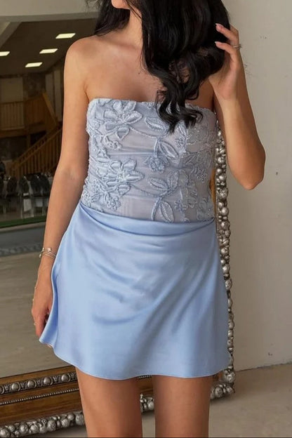 Strapless Lace Bodice Satin Mini Dress
