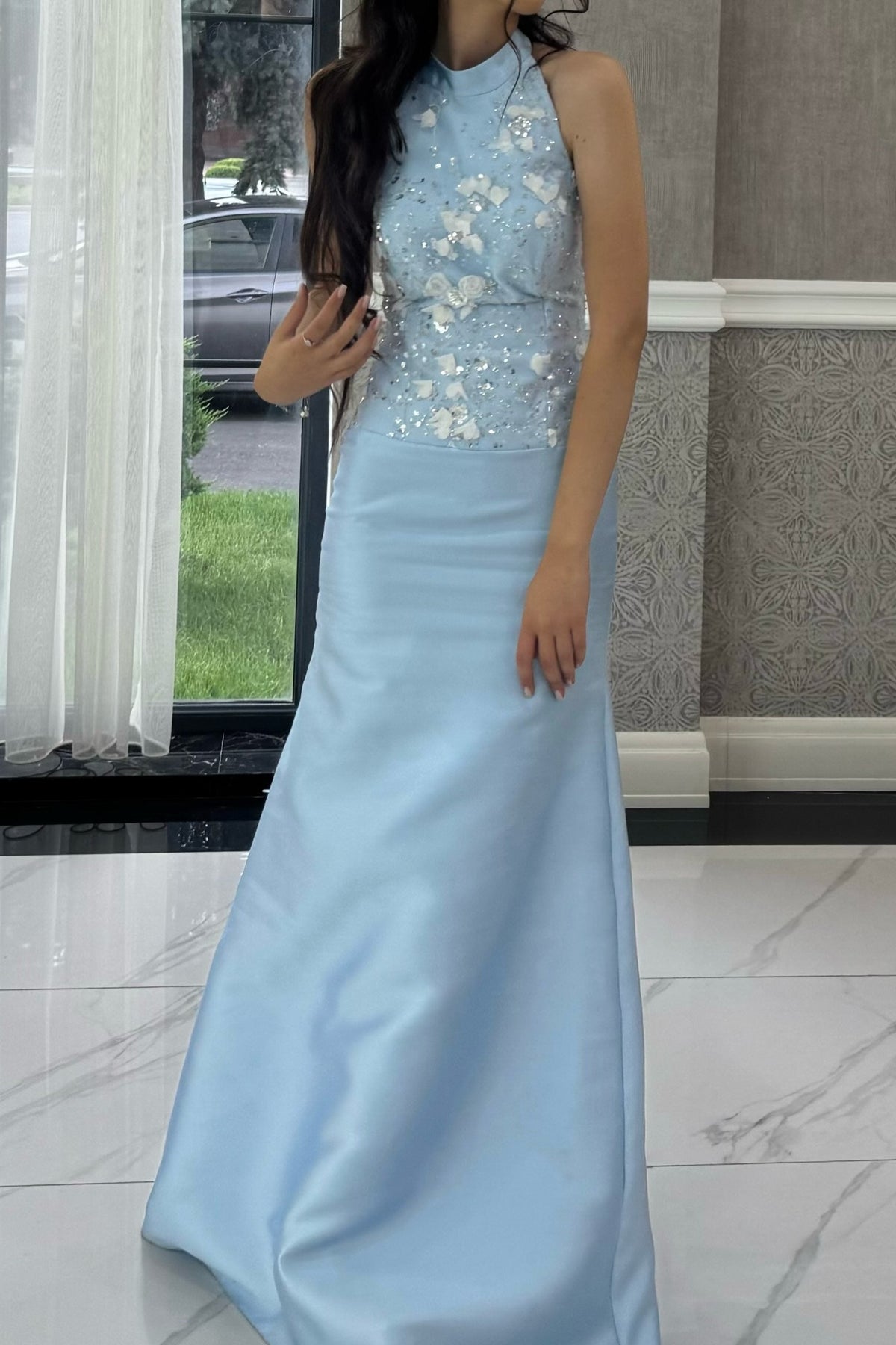 Floral Applique High Neck Embellished Evening Gown