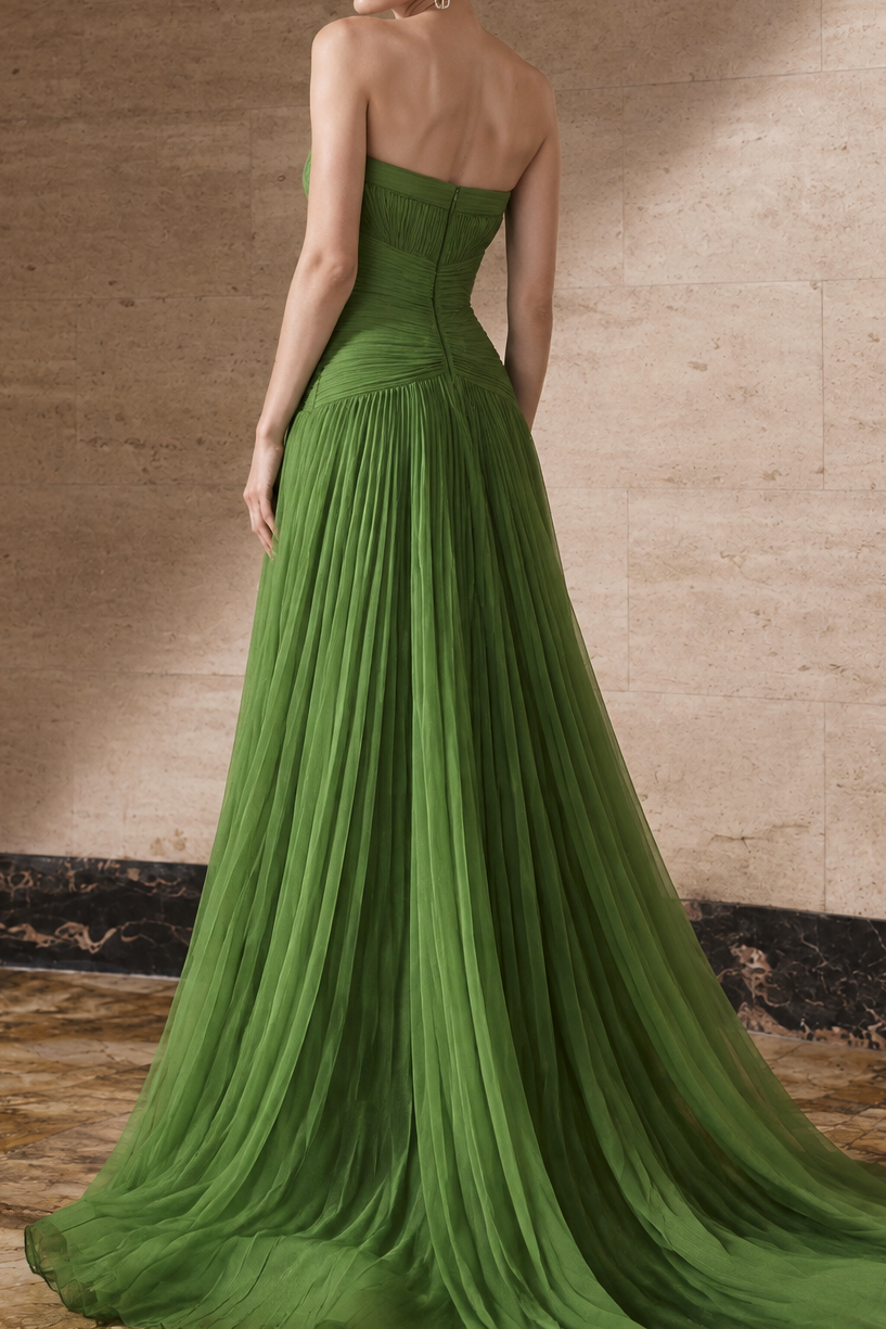 Strapless Pleated Cutout Evening Gown
