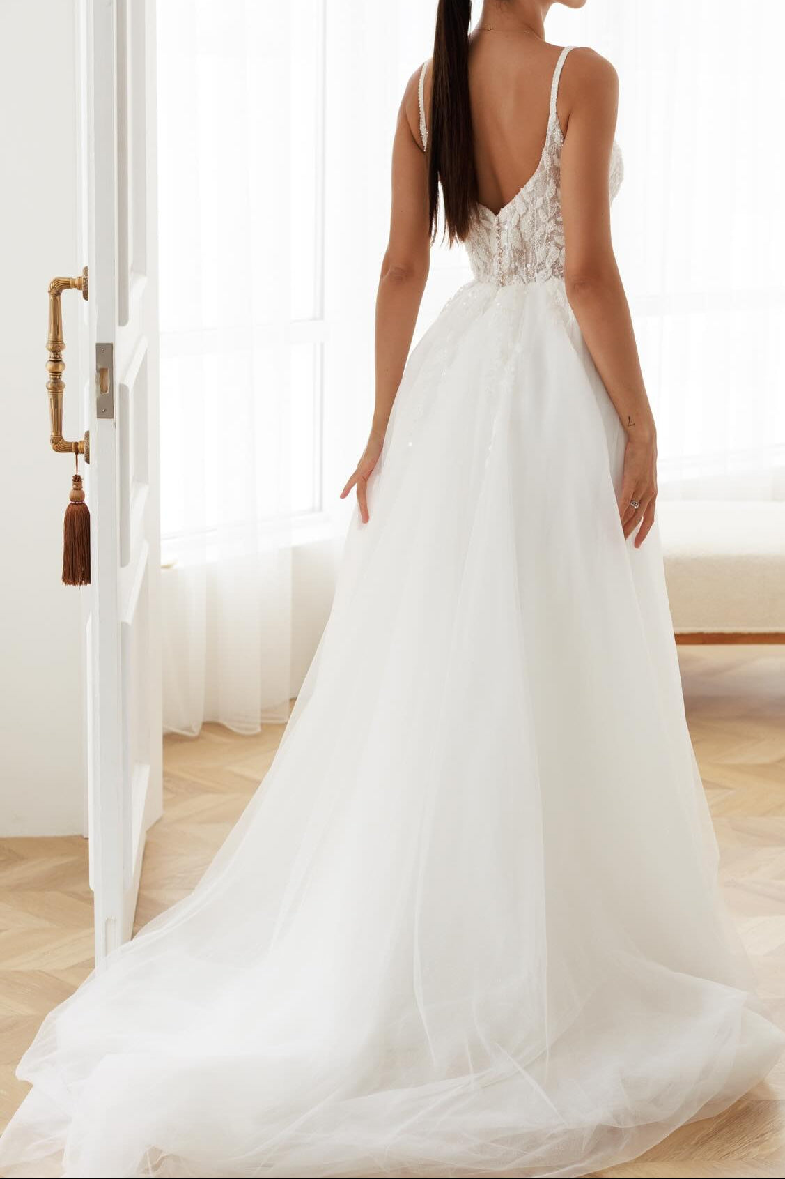 Deep V-Neck A-Line Tulle Bridal Gown